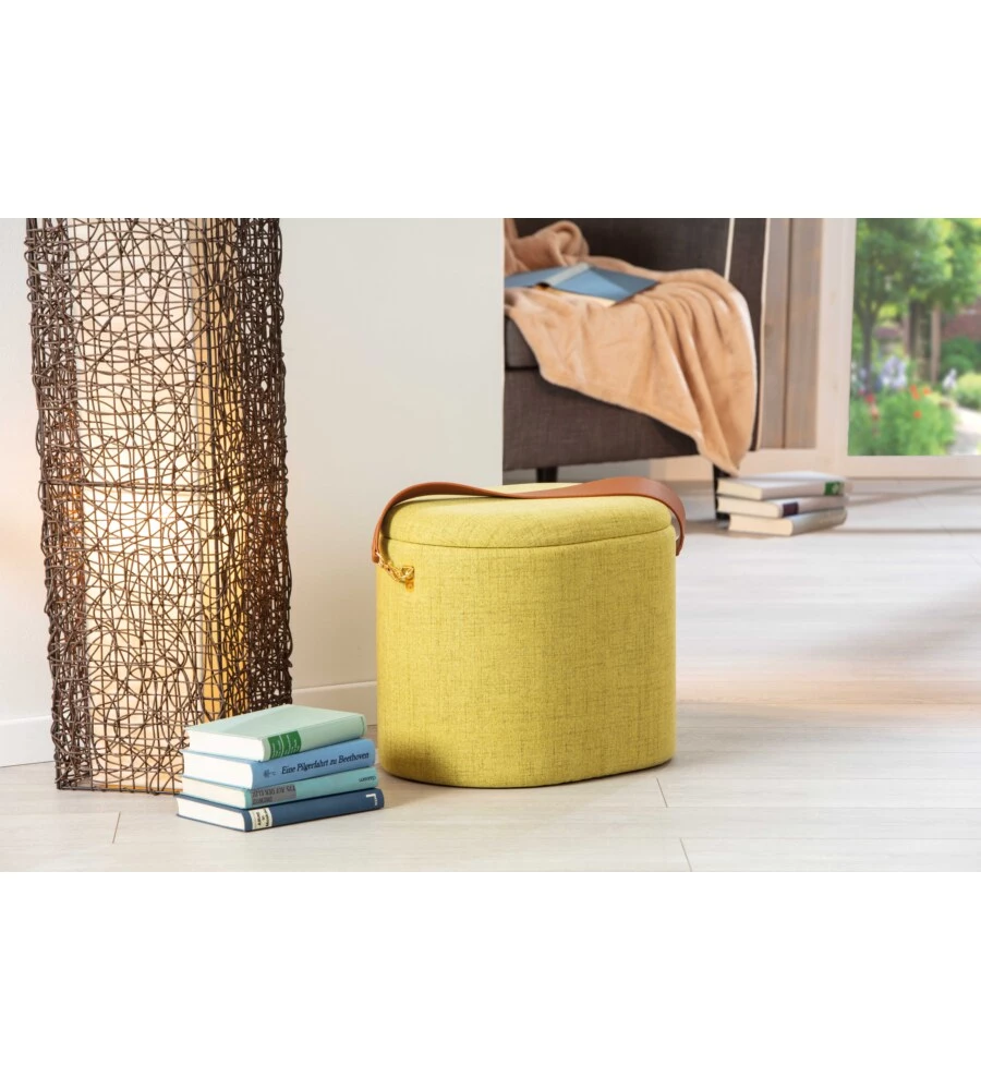 Pouf giallo con contenitore e maniglia in ecopelle, 42x30x36cm